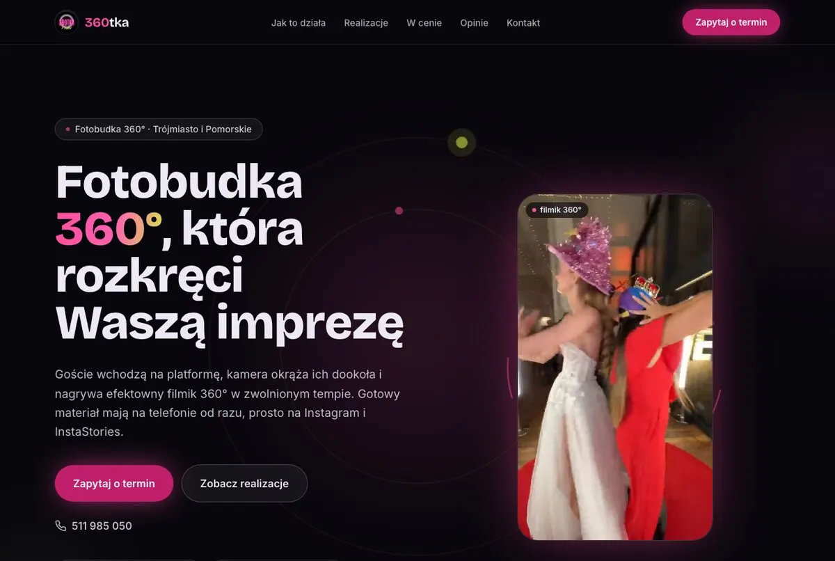 Strona zbudowana dla 360tka, fotobudka 360, moja druga firma: widok nagłówka